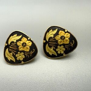 Vintage Gold Tone Damascene Floral Omega Back Earrings Pierced